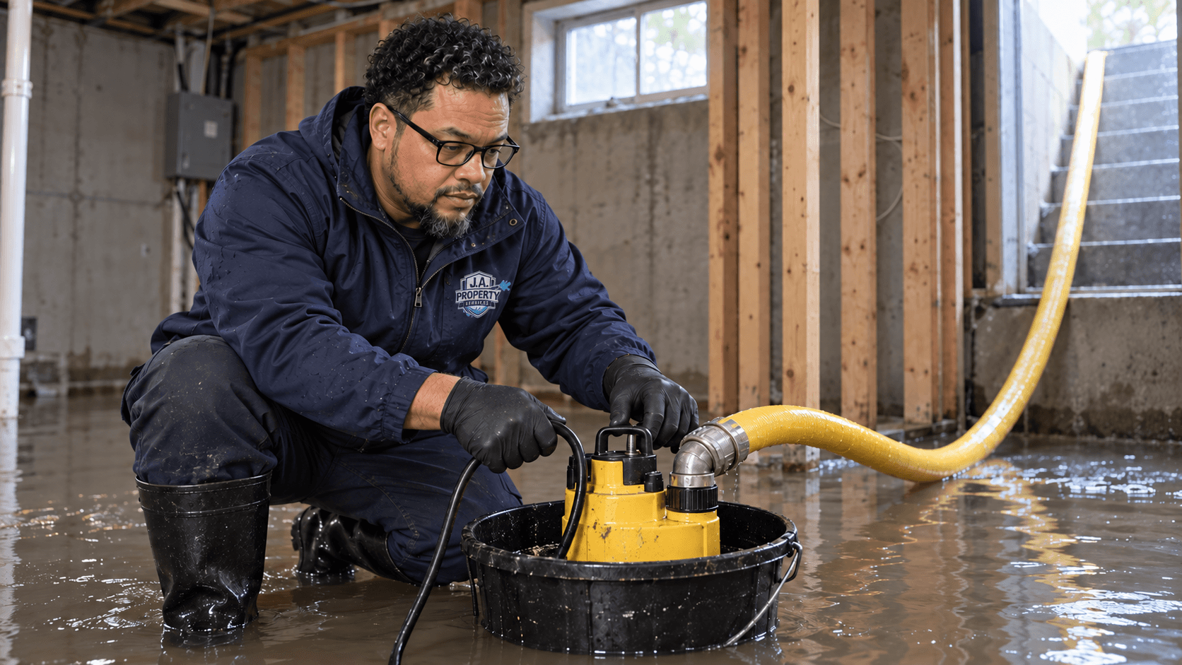 Owner-operated J.A. Property Services crew setting up emergency pump-out equipment in a flooded basement
